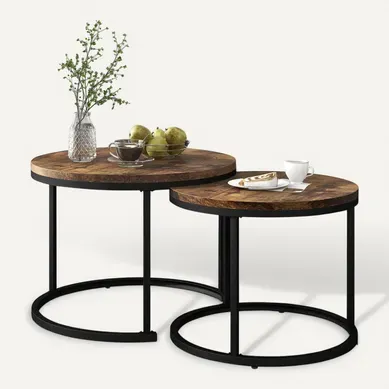 Tables Basses Gigogne Ronde Lot De 2, Woodgrain Marron, Cadre En Métal Noir