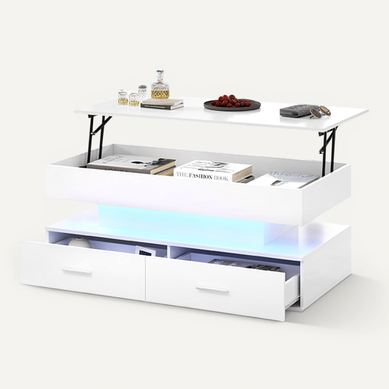 Table Basse LED Relevable Avec Rangement, Blanc, 100x50x44cm Table Basse LED Relevable Avec Rangement, Blanc, 100x50x44cm
