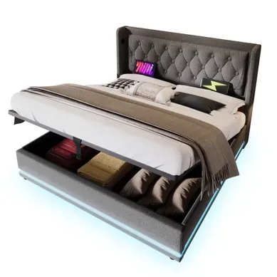 Lit Coffre 180x200 Cm, Tête De Lit Capitonnée Avec Fonction De Charge USB Type-c, Coton Gris