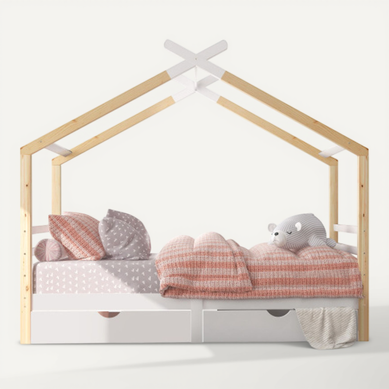 Lit Cabane 90x200 Cm, Lit Enfant Avec 2 Tiroirs Et Sommier à Lattes, En Pin, Couleur Blanc Et Bois Lit Cabane 90x200 Cm, Lit Enfant Avec 2 Tiroirs Et Sommier à Lattes, En Pin, Couleur Blanc Et Bois