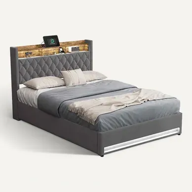 Lit Coffre 140x190cm Gris, Lit Adulte En Tissu Velours Avec LED+usb