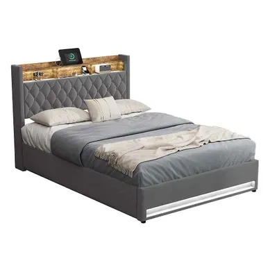 Lit Coffre 140x200cm Gris, Lit Adulte En Tissu Velours Avec LED+usb