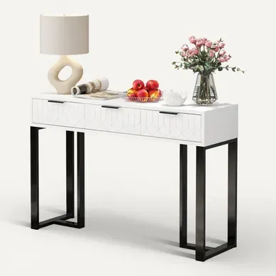 Table Console Avec 3 Tiroirs Blanc Et Noir, Pieds Réglables Et Poignées, 120x36x80cm Table Console Avec 3 Tiroirs Blanc Et Noir, Pieds Réglables Et Poignées, 120x36x80cm