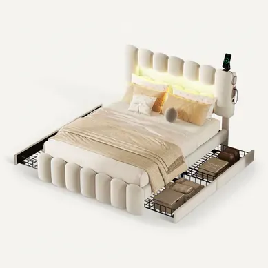 Lit Adulte 160x200 Cm En Tissu Velours Avec 4 Tiroirs De Rangement, LED+usb+enceinte, Beige