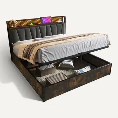 Lit Coffre Adulte 180x200cm Avec LED, Prises,usb Et étagères, En Lin Gris