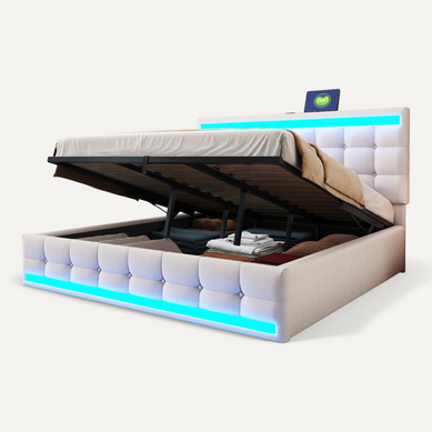 Lit Coffre Adulte 180x200cm En Tissu Lin Avec Sommier À Lattes, USB+led, Beige