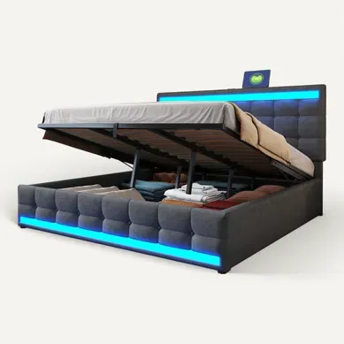 Lit Coffre Adulte 180x200cm En Tissu Lin Avec Sommier À Lattes, USB+led, Gris