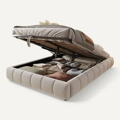 Lit Coffre Adulte 140x200cm En Velours Beige Avec LED, Lit Avec Rangement