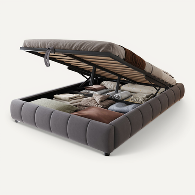 Lit Coffre Adulte 140x200cm En Velours Gris Avec LED, Lit Avec Rangement