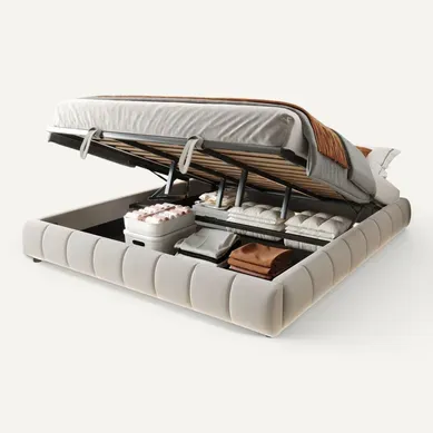 Lit Coffre Adulte 180x200cm En Velours Beige Avec LED, Lit Avec Rangement