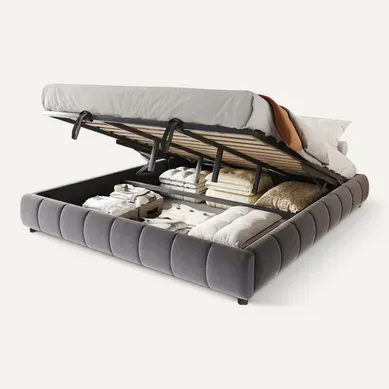 Lit Coffre Adulte 180x200cm En Velours Gris Avec LED, Lit Avec Rangement