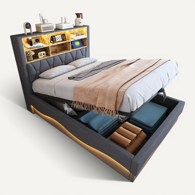 Lit Coffre Adulte 140x200cm Gris En Lin Avec LED Et USB, Tête De Lit Avec Compartiment De Rangement