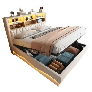 Lit Coffre Adulte 180x200cm Beige En Lin Avec LED+usb, Tête De Lit Avec Compartiment De Rangement