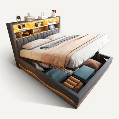 Lit Coffre Adulte 180x200cm Gris En Lin Avec LED Et USB, Tête De Lit Avec Compartiment De Rangement