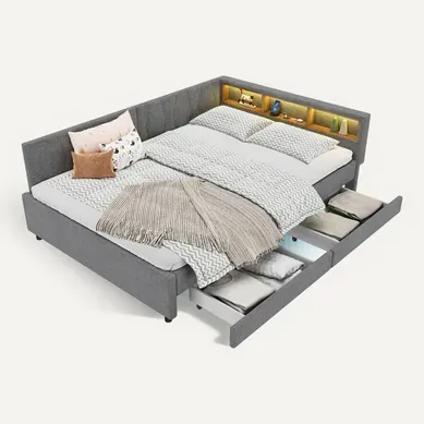 Lit Adulte 140x200 Cm En  Tissu Lin Avec 2 Tiroirs De Rangement, LED, USB + Type C,  Gris