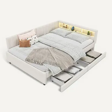 Lit Adulte 140x200 Cm En  Tissu Lin Avec 2 Tiroirs De Rangement, LED, USB + Type C,  Beige