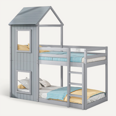 Lit Superposé 90x200 Cm, Lit Enfant En Bois, Avec Échelle Et Baldaquin, Gris