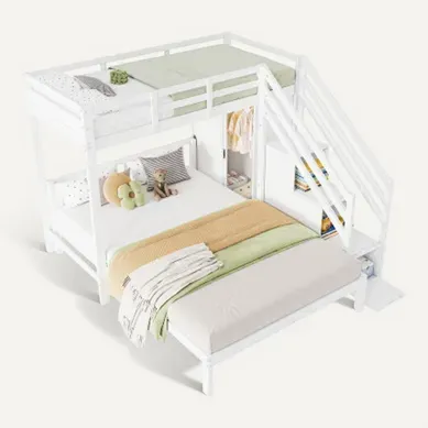 Lit Superposé 90x200 Cm Et 140x200 Cm, Lit Enfant Avec Penderie, Escalier De Rangement, Blanc Lit Superposé 90x200 Cm Et 140x200 Cm, Lit Enfant Avec Penderie, Escalier De Rangement, Blanc