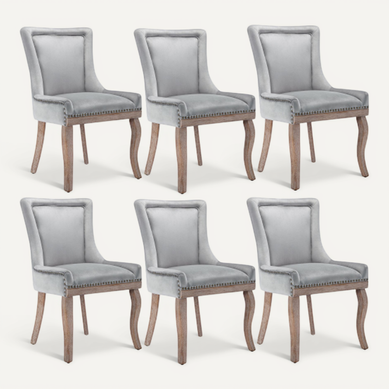 Lot De 6 Chaises En Velours Avec Dossier Rembourré, Garniture Cloutée, Pieds En Bois, Gris Lot De 6 Chaises En Velours Avec Dossier Rembourré, Garniture Cloutée, Pieds En Bois, Gris