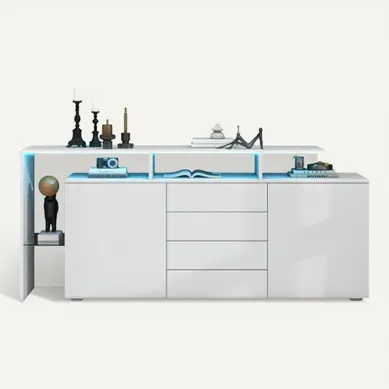 Buffet De Salon Blanc Avec LED, 2 Portes 4 Tiroirs, 1 Étagère En Verre, Rangement Ouvert