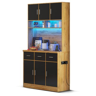 Buffet De Cuisine Noir Et Bois, Buffet Haut Avec Éclairage LED, Tiroirs, Portes, Rangements Ouverts Buffet De Cuisine Noir Et Bois, Buffet Haut Avec Éclairage LED, Tiroirs, Portes, Rangements Ouverts