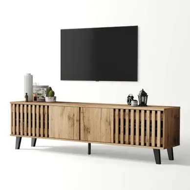Meuble TV 180x40x55cm Pour TV 70 Pouces, 4 Portes, Panneaux De Particules, Couleur Bois