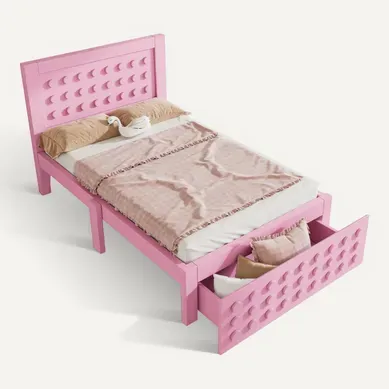 Lit Enfant 90x200cm Rose Avec Rangement Blocs De Construction En Bois