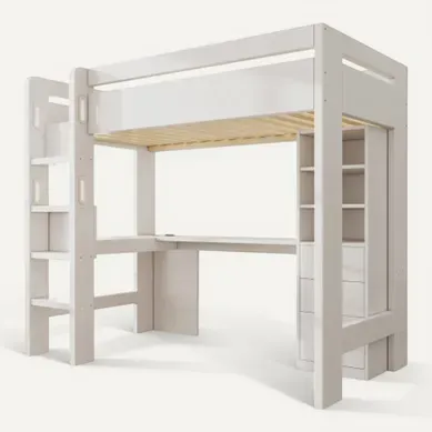 Lit Mezzanine 90x200 Cm, Lit Enfant Avec Bureau En L, Étagères, 3 Tiroirs, Port USB/type-c, Blanc