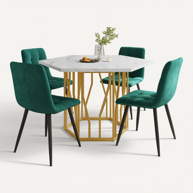 Ensemble Table Et Chaises, Table à Manger Hexagonale Avec Pieds Dorés Et 4 Chaises En Velours Vert Ensemble Table Et Chaises, Table à Manger Hexagonale Avec Pieds Dorés Et 4 Chaises En Velours Vert