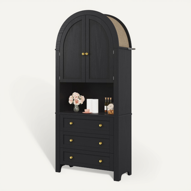 Buffet De Cuisine Noir, Buffet Haut Avec 3 Tiroirs, 2 Portes De Rangement Cintrées, Rangement Ouvert Buffet De Cuisine Noir, Buffet Haut Avec 3 Tiroirs, 2 Portes De Rangement Cintrées, Rangement Ouvert