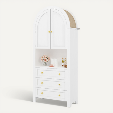Buffet De Cuisine Blanc, Buffet Haut Avec 3 Tiroirs 2 Portes De Rangement Cintrées, Rangement Ouvert Buffet De Cuisine Blanc, Buffet Haut Avec 3 Tiroirs 2 Portes De Rangement Cintrées, Rangement Ouvert