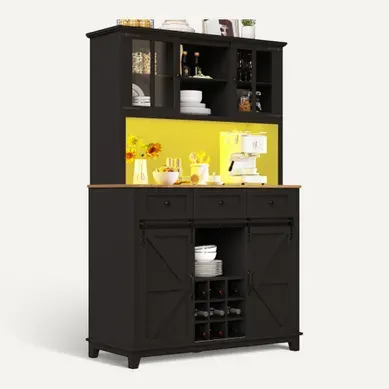 Buffet De Cuisine Noir, Buffet Haut Avec 3 Tiroirs, 4 Portes, LED, Casier à Vin, Rangement Ouvert Buffet De Cuisine Noir, Buffet Haut Avec 3 Tiroirs, 4 Portes, LED, Casier à Vin, Rangement Ouvert