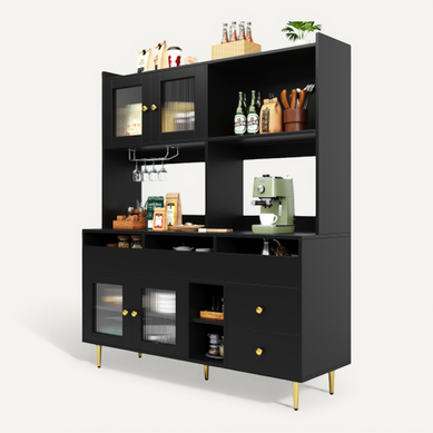 Buffet Haut Noir Avec 5 Tiroirs, Porte-verres à Vin, Des Rangements Ouverts Buffet Haut Noir Avec 5 Tiroirs, Porte-verres à Vin, Des Rangements Ouverts