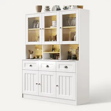 Buffet Haut Avec 3 Tiroirs, Étagères Réglables, Éclairage LED, Blanc Buffet Haut Avec 3 Tiroirs, Étagères Réglables, Éclairage LED, Blanc
