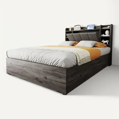 Lit Coffre 140x200 Cm Imitation Bois Et Gris, Prises USB, Tête De Lit Avec Rangement Lit Coffre 140x200 Cm Imitation Bois Et Gris, Prises USB, Tête De Lit Avec Rangement