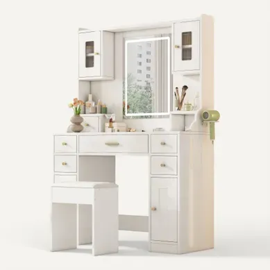 Coiffeuse Blanche Avec LED Réglable Et Prise Électrique, Miroir, 6 Tiroirs Et 4 Portes, Tabouret Coiffeuse Blanche Avec LED Réglable Et Prise Électrique, Miroir, 6 Tiroirs Et 4 Portes, Tabouret
