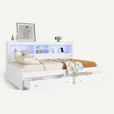 Lit Enfant 90x200 Cm Avec 2 Tiroirs, Prises USB, LED, Rangement, Mdf Blanc
