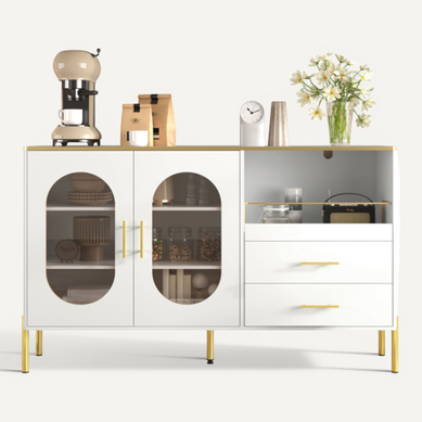 Buffet De Cuisine Blanc Avec 2 Tiroirs, 2 Portes Vitrées, Rangement Ouvert, Poignées Et Pieds Dorés Buffet De Cuisine Blanc Avec 2 Tiroirs, 2 Portes Vitrées, Rangement Ouvert, Poignées Et Pieds Dorés