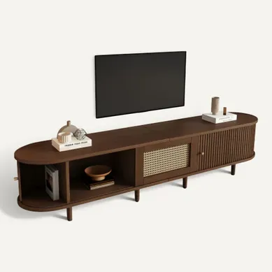 Meuble TV Ovale Noyer Foncé 180 Cm Avec 1 Tiroir En Rotin, 2 Portes Coulissantes, Pieds Réglables Meuble TV Ovale Noyer Foncé 180 Cm Avec 1 Tiroir En Rotin, 2 Portes Coulissantes, Pieds Réglables