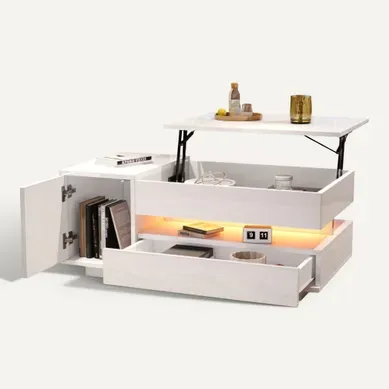 Table Basse Relevable Blanche Avec 1 Tiroir, 1 Porte, LED, Espace De Rangement Semi-ouvert Table Basse Relevable Blanche Avec 1 Tiroir, 1 Porte, LED, Espace De Rangement Semi-ouvert