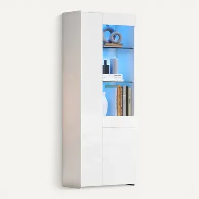 Vitrine Blanche Avec 1 Tiroir, 2 Portes, Éclairage LED, Séparateurs En Verre Vitrine Blanche Avec 1 Tiroir, 2 Portes, Éclairage LED, Séparateurs En Verre