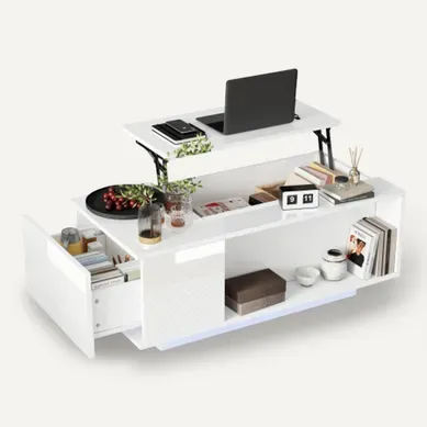 Table Basse Relevable Rectangulaire Blanche Brillante Avec LED, Rangement Caché, Tiroirs Table Basse Relevable Rectangulaire Blanche Brillante Avec LED, Rangement Caché, Tiroirs