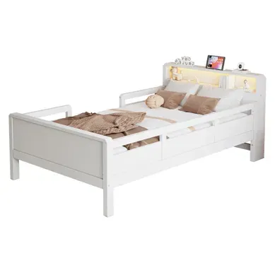 Lit En Bois 90x200 Cm, Lit Enfant 90x200 Cm, Lit Simple, Prise Combinée USB Et Type-c, LED, Blanc Lit En Bois 90x200 Cm, Lit Enfant 90x200 Cm, Lit Simple, Prise Combinée USB Et Type-c, LED, Blanc