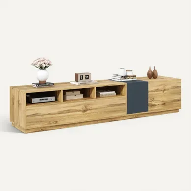Meuble TV Blanc 200 Cm Avec 3 Portes, Compartiments Ouverts Et De Passe-câbles, Design Simple Meuble TV Blanc 200 Cm Avec 3 Portes, Compartiments Ouverts Et De Passe-câbles, Design Simple
