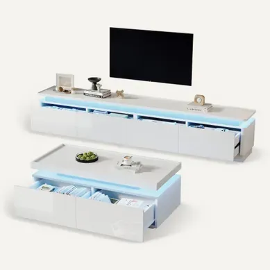 Ensemble De Meuble TV Blanc Avec LED Et 4 Tiroirs Et Table Basse Blanche Avec 2 Tiroirs Et LED Ensemble De Meuble TV Blanc Avec LED Et 4 Tiroirs Et Table Basse Blanche Avec 2 Tiroirs Et LED