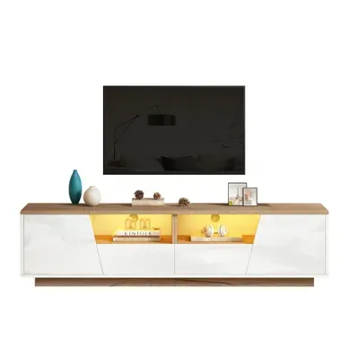 Meuble TV 180 Cm, Meuble TV Blanc Brillant Et Bois Avec 2 Tiroirs Et 2 Portes, Avec LED Meuble TV 180 Cm, Meuble TV Blanc Brillant Et Bois Avec 2 Tiroirs Et 2 Portes, Avec LED