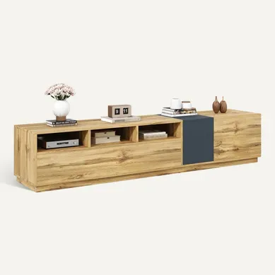 Meuble TV 200x45x45cm, 3 Portes, 3 Compartiments Ouverts Avec Passe-câbles, Coloris Bois Naturel