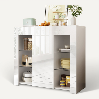 Buffet De Cuisine, Buffet Blanc Brillant, Avec Étagères En Verre Et Porte Buffet De Cuisine, Buffet Blanc Brillant, Avec Étagères En Verre Et Porte