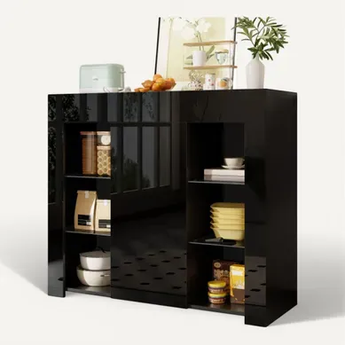 Buffet De Cuisine, Buffet Noir Brillant, Avec Étagères En Verre Et Porte Buffet De Cuisine, Buffet Noir Brillant, Avec Étagères En Verre Et Porte