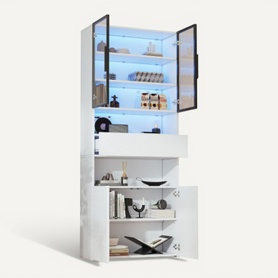 Vitrine 200 Cm Avec Tiroirs Et Armoires, Vitrine En Verre Avec 2 Portes Vitrées Et LED, Blanc Vitrine 200 Cm Avec Tiroirs Et Armoires, Vitrine En Verre Avec 2 Portes Vitrées Et LED, Blanc
